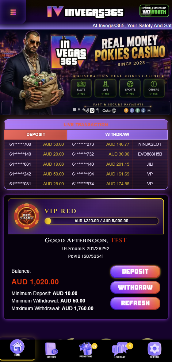 APK home — VIP card, balance, live transactions